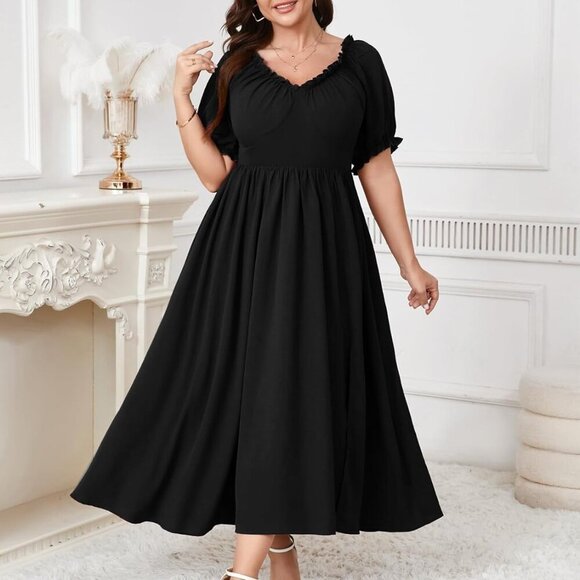 Plus Size Maxi Dress Women Summer V Neck Puff Short Sleeve Slit Formal - Picture 5 of 6